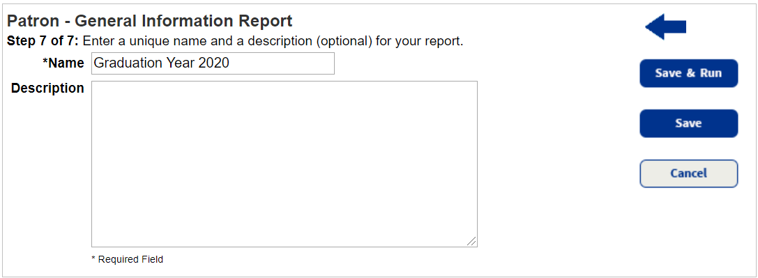 Step 7 of 7, saving a Report Builder report.